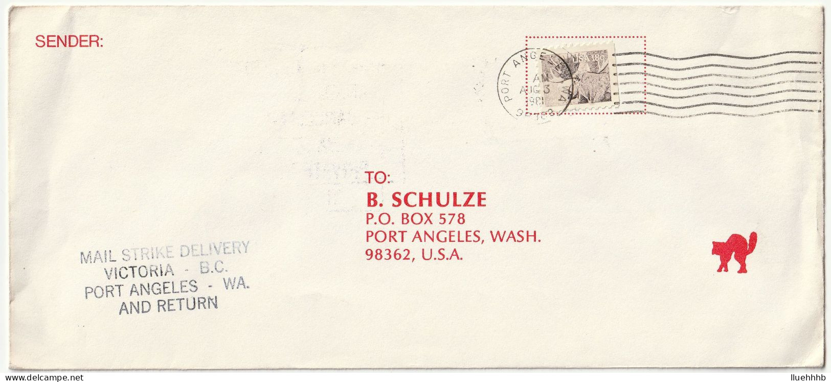 CANADA: 1981 Postal Strike Cover To USA, VICTORIA BC - PORT ANGELES USA $1.85 Label - Local, Strike, Seals & Cinderellas
