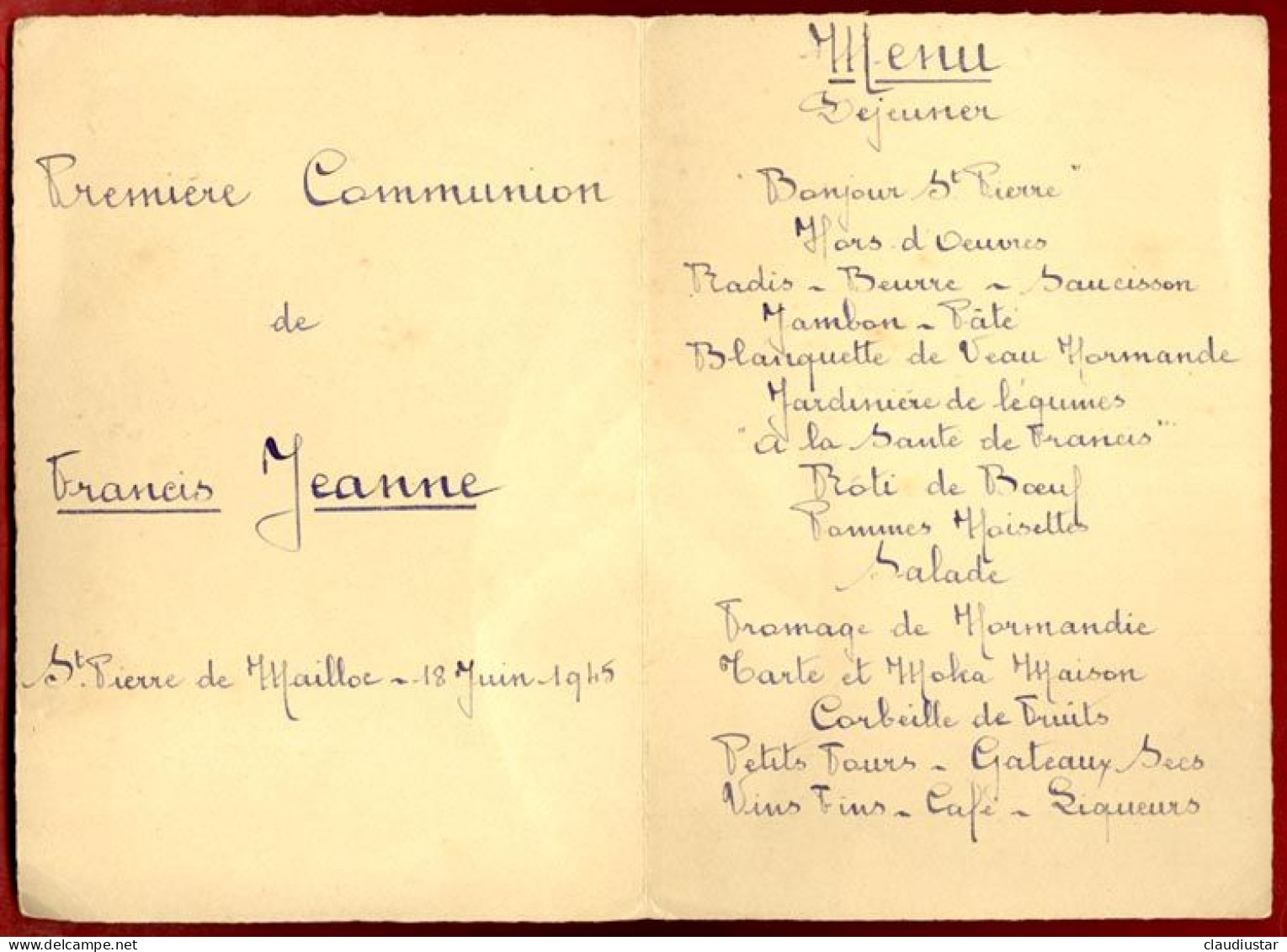 ** MENU  18  JUIN  1945 ** - Menus