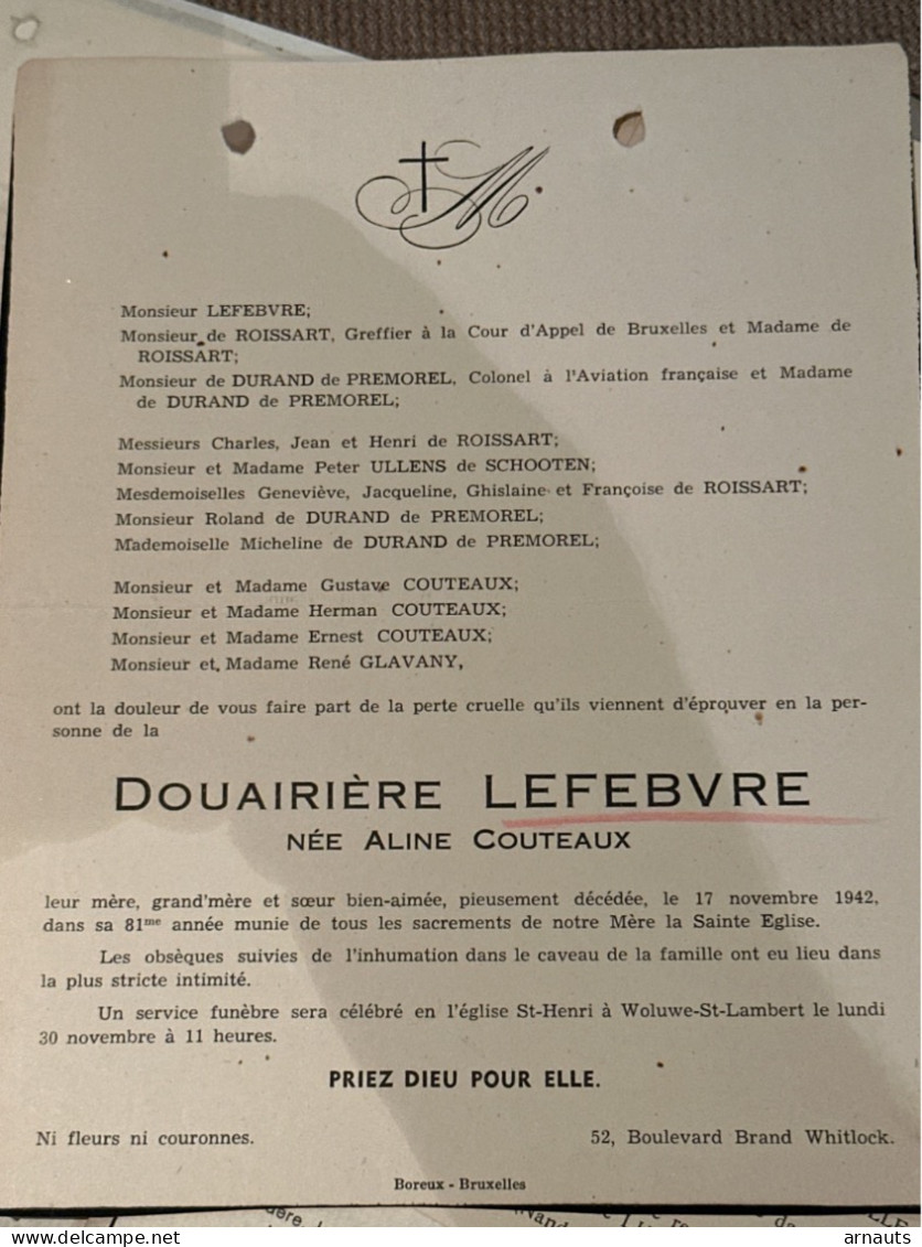 Douairiere Lefebvre Nee Aline Couteaux *1861+1942 Bruxelles Woluwe De Roissart De Durand De Premorel Ullens De Schooten - Obituary Notices