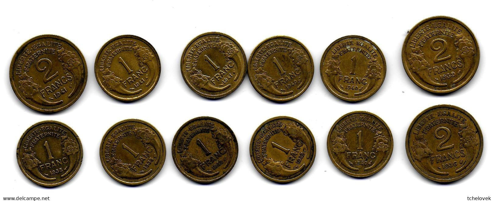 (Monnaies). France. Lot N°5. 1 Fr 1932 X2, 1938 X2, 1940 X3, 1941 X2 Et 2 Fr 1936, 1939, 1941 - Other & Unclassified