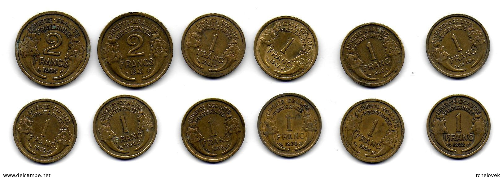 (Monnaies). France. Lot N°7. 1 Fr 1932, 1936, 1938 X2, 1939, 1940 X3, 1941 X2 Et 2 Fr 1936, 1941 - Autres & Non Classés