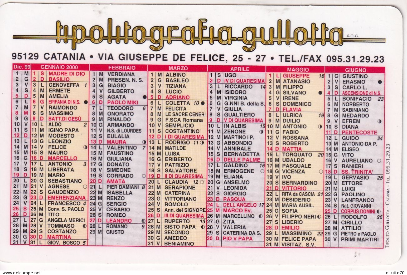 Calendarietto - Tipolitorafia Gullottta - Catania - Anno 2000 - Formato Piccolo : 1991-00