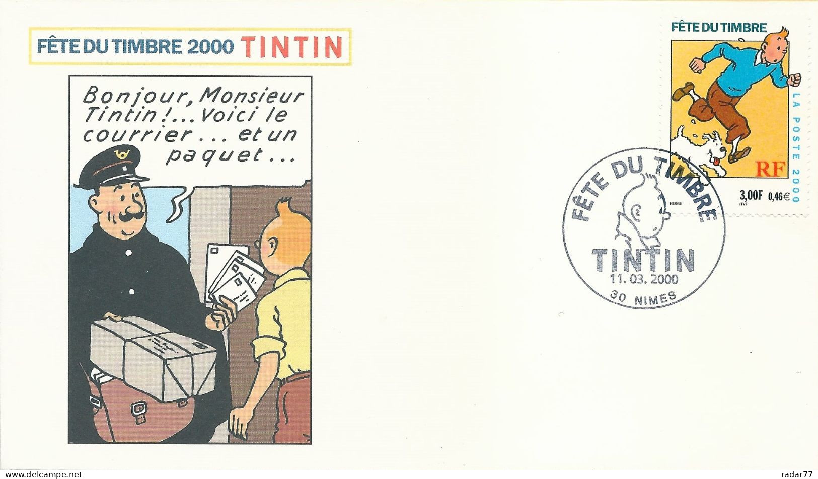 Enveloppe 1er Jour FDC N°3303 Fête Du Timbre 2000 - Tintin - 11/03/2000 - 2000-2009