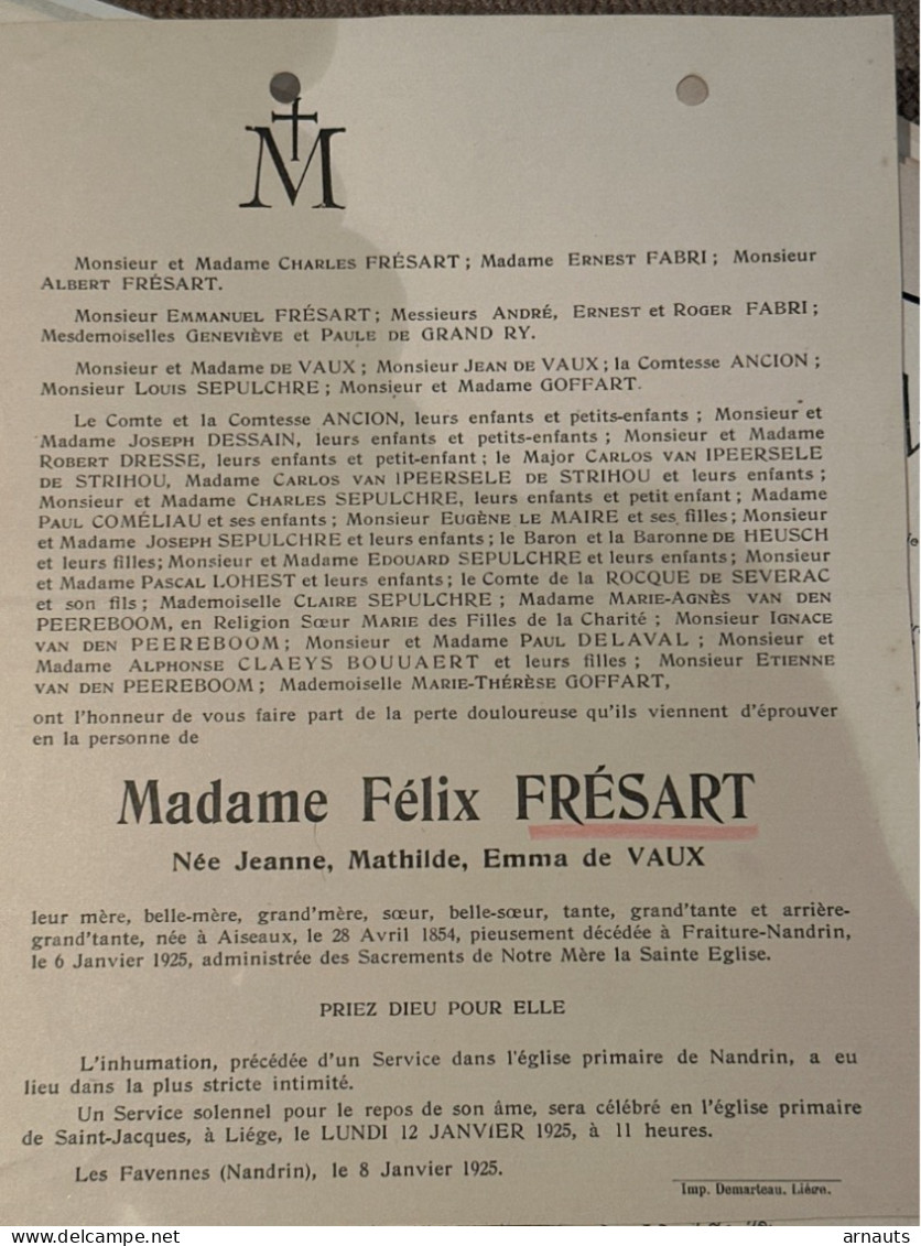 Madame Felix Fresart Nee De Vaux Jeanne *1854 Aiseaux +1925 Fraiture-Nandrin Liege Fabri Sepulchre Goffart - Esquela