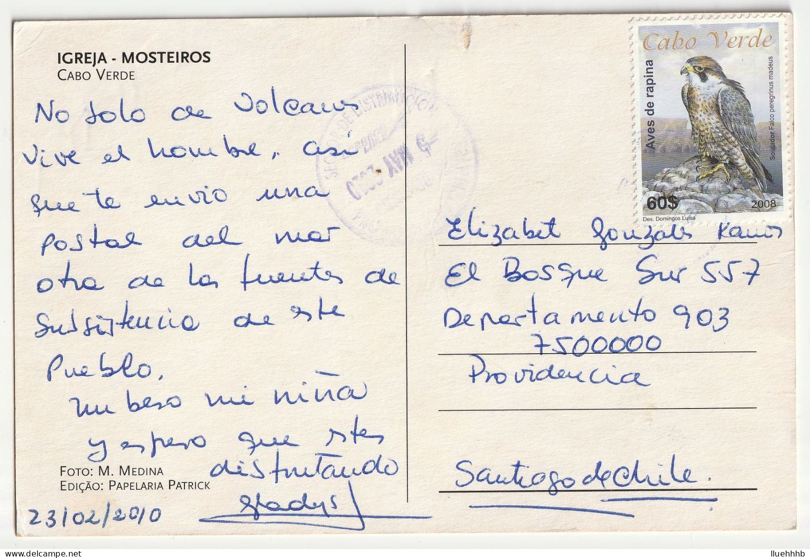 CAPE VERDE / CABO VERDE: 2010 Postcard To CHILE, $60 Peregrine Falcon - Cape Verde