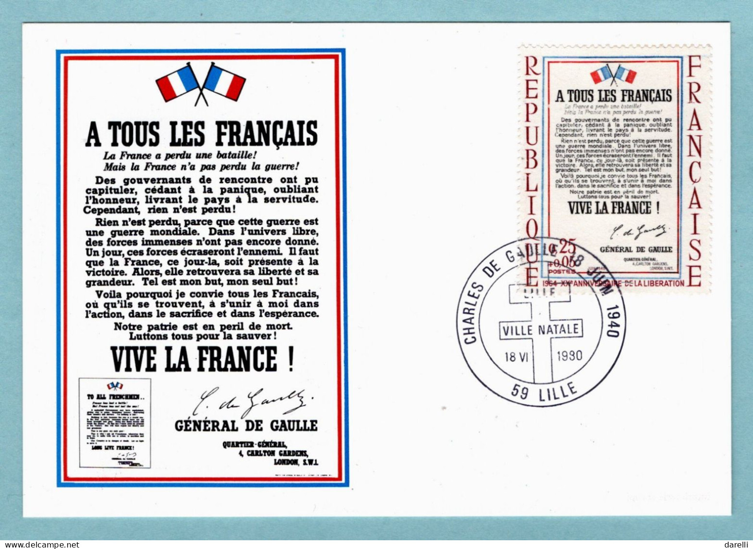 Carte Maximum Oblitération 1980 - Appel Du 18 Juin -  A Tous Les Français - YT 2656 - 59 Lille - 1980-1989