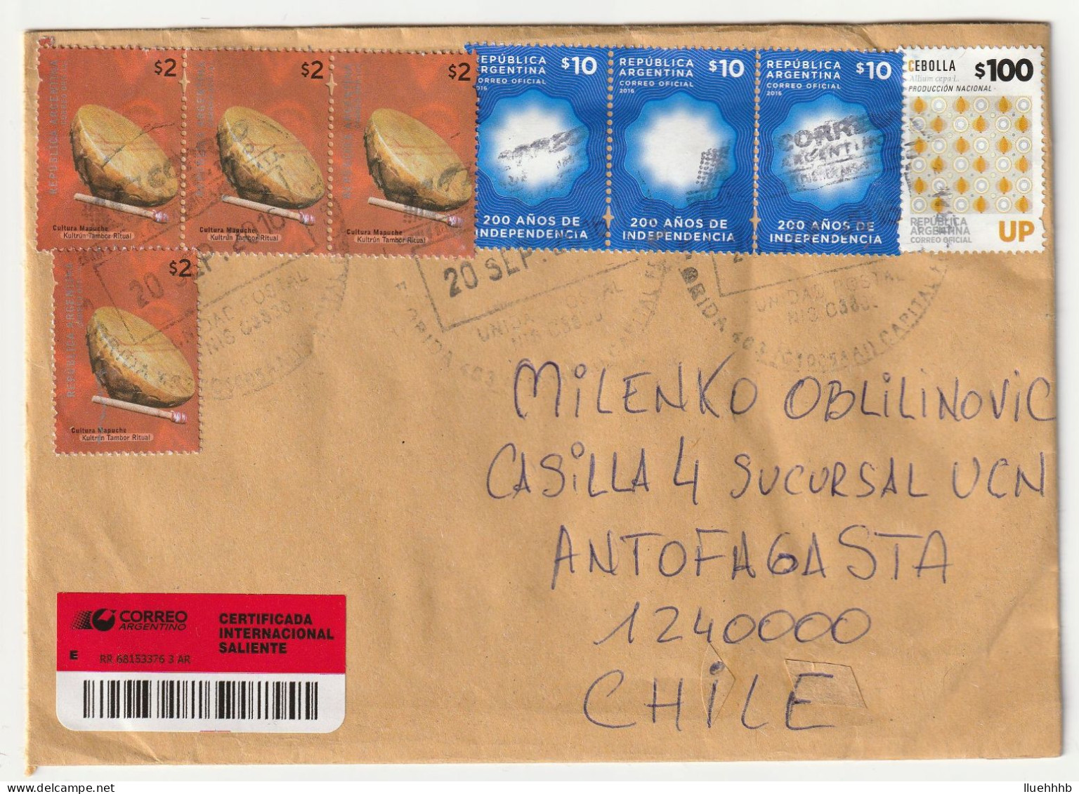 ARGENTINA: 2016 Registered Cover To CHILE, Drum, Onion And Independence Stamps - Lettres & Documents
