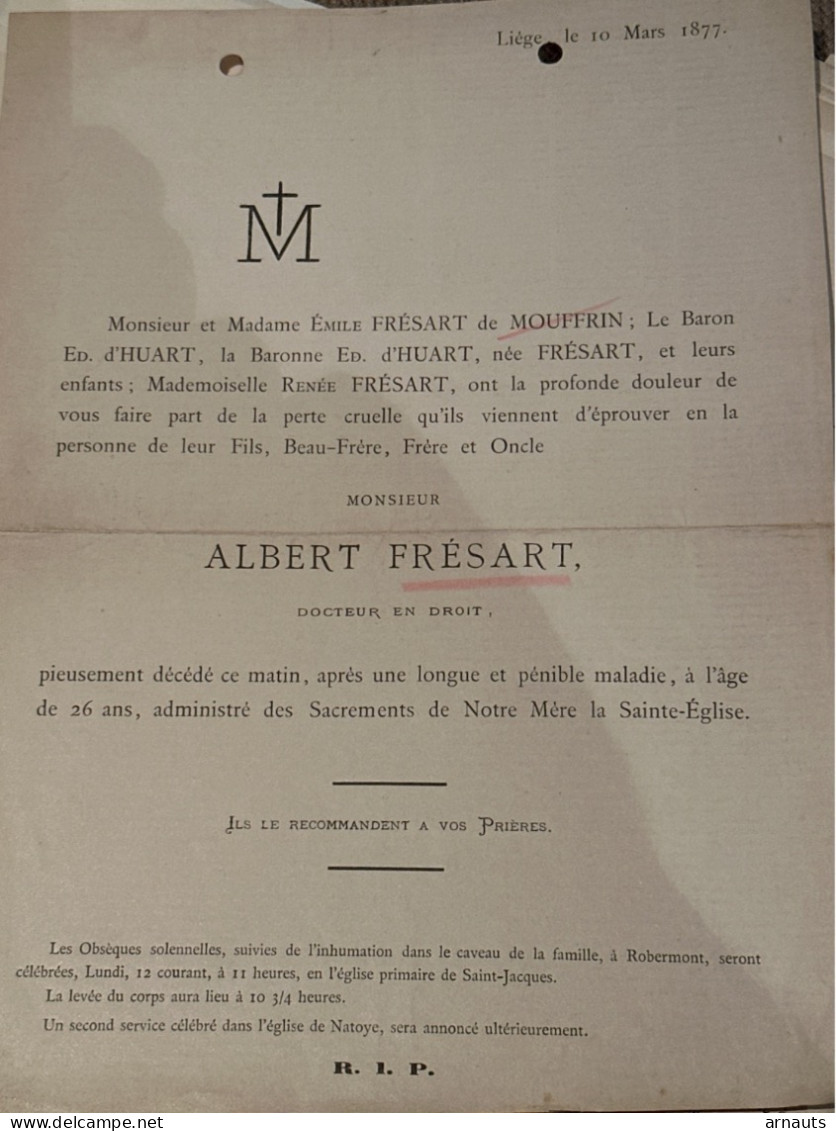 Monsieur Albert Fresart Docteur En Droit *1851+1877 Robermont Natoye D’Huart Fresart De Mouffrin - Obituary Notices