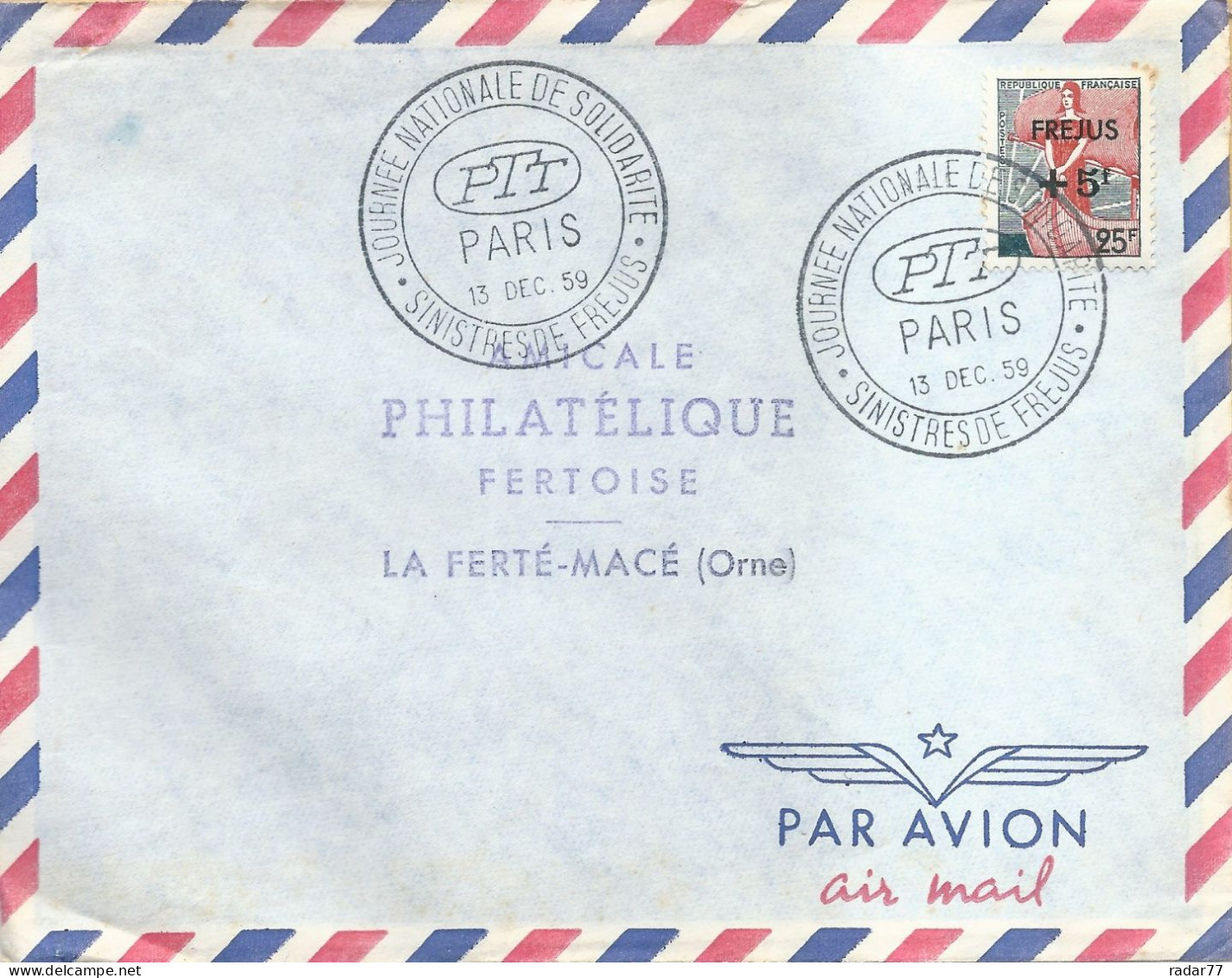 Lettre Avec Cachet Commémoratif Journée Nationale De Solidarité - Sinistrés De Fréjus - Paris - 13/12/1959 - Matasellos Conmemorativos