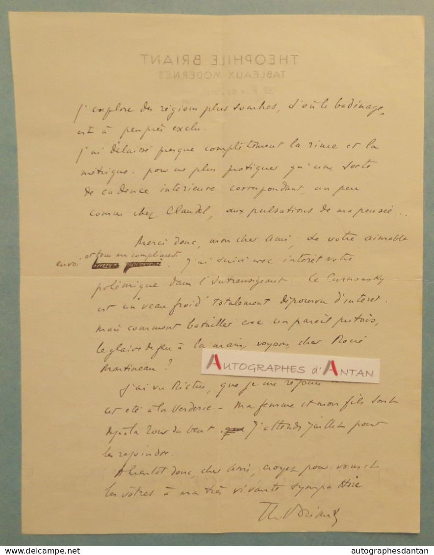 ● L.A.S 1929 Théophile BRIANT Poète Né à Douai - Tableaux Modernes René Martineau Huysmans Claudel Rictus Lettre - Schriftsteller