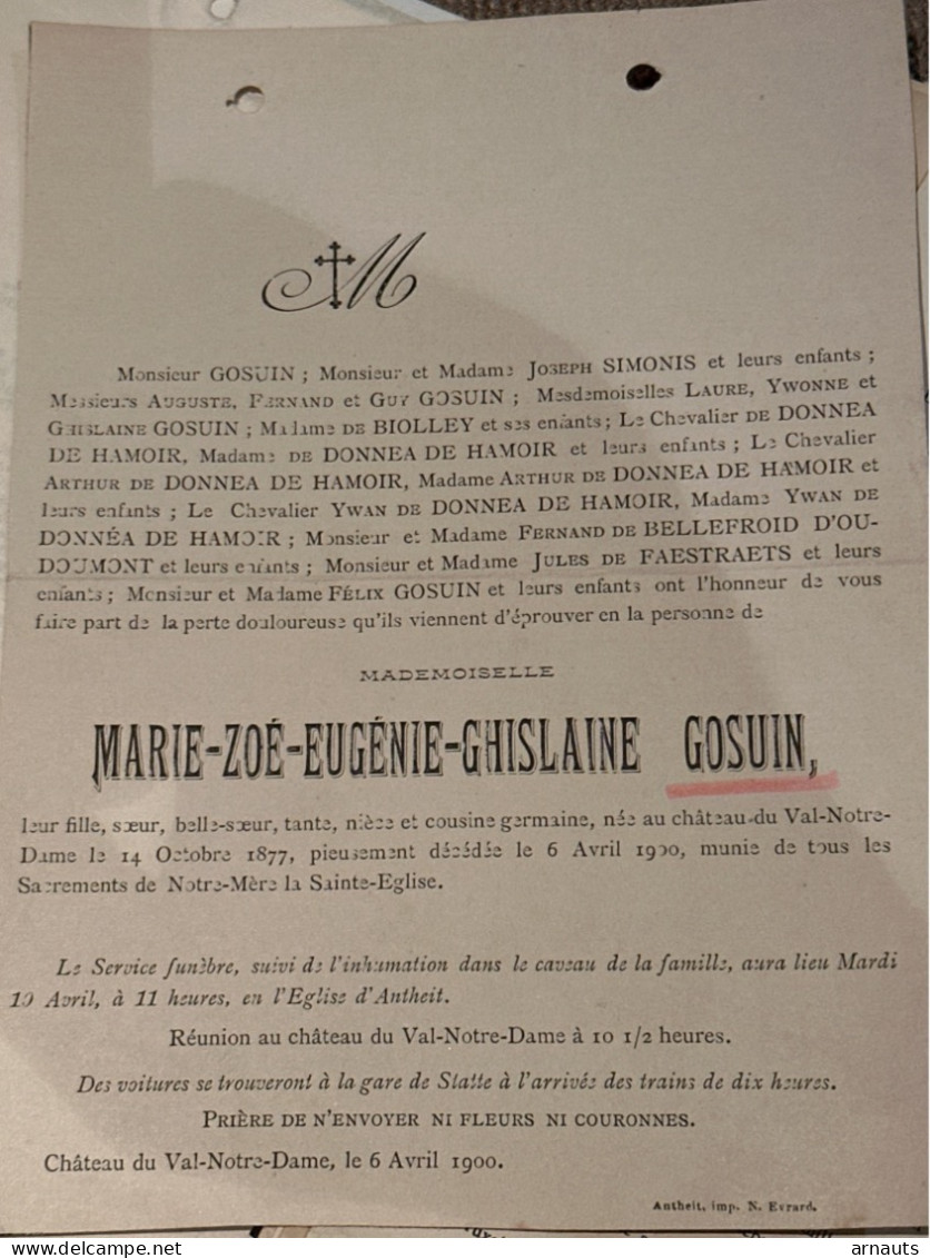 Mademoiselle Marie Gosuin *1877 Chateau Du Val Notre Dame +1900 Antheit Simonis De Biolley De Donnea De Hamoir - Todesanzeige