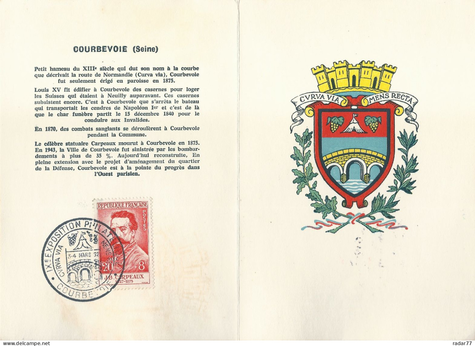 Document Avec Cachet Commémoratif IXème Exposition Philatélique - Courbevoie - 03-04/03/1962 - Matasellos Conmemorativos