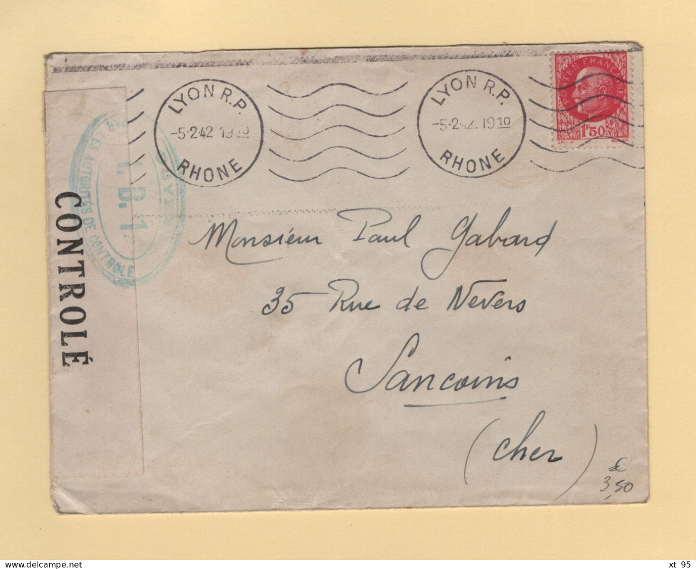 Lyon - 1942 - Destination Cher - Censure I.B.1  - Controle Postal - Rhone - WW II