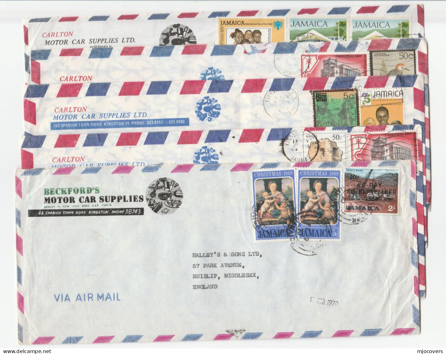 5 JAMAICA Air Mail COVERS Illus ADVERT CAR  Multi Stamps RELIGION TREE BIRD SCOUTS ARCHAEOLOGY Cover - Jamaica (1962-...)