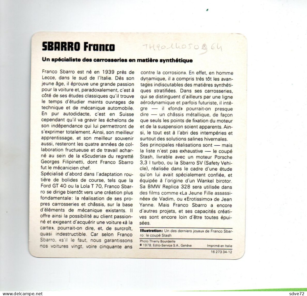 FICHE AUTOMOBILE -  SBARRO FRANCO - Auto's