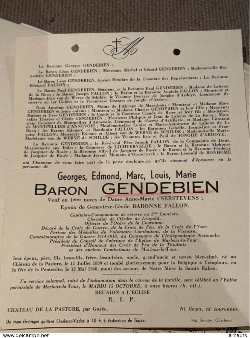 Baron Gendebien -t’Serstevens - Fallon *1889 Chateau De La Pasture +1940 Temploux Tombe Glorieusement Pour Belgique WOII - Todesanzeige