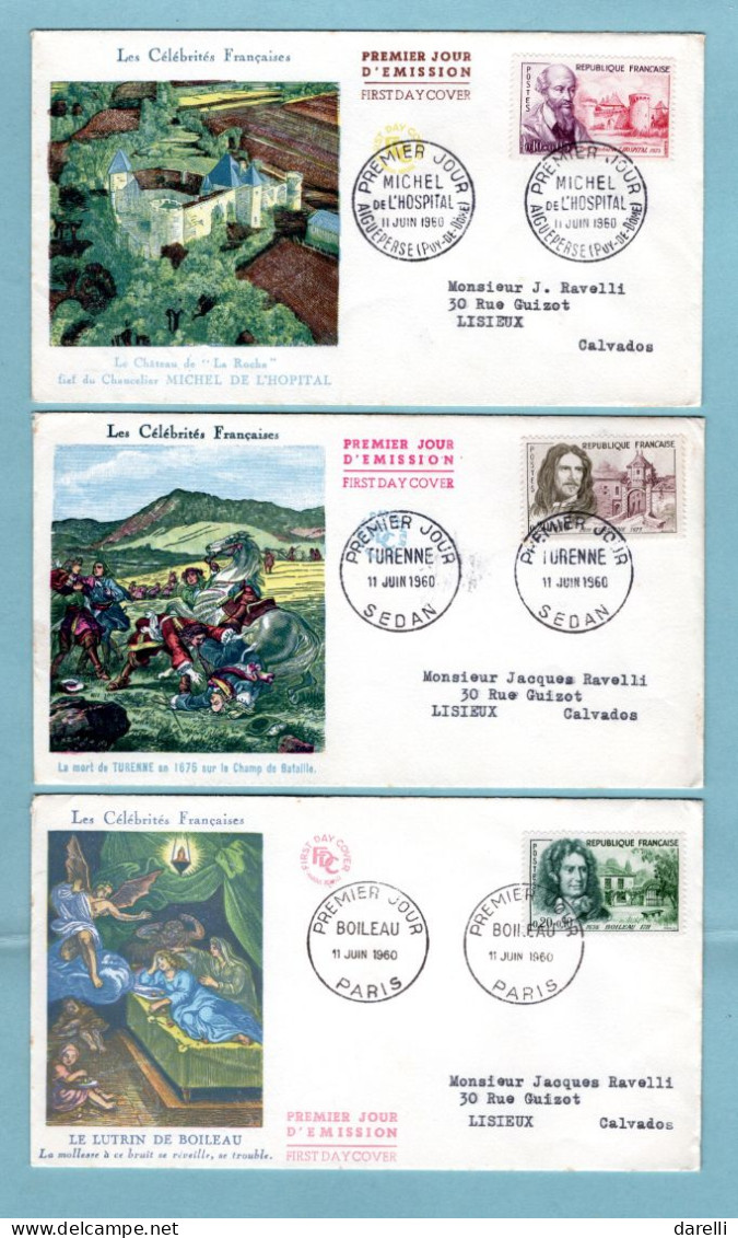 FDC France 1960 - Personnages Célèbres 1960 - De L'Hospital, Turenne, Boileau, Charcot, Bizet, Degas - YT 1257 à YT 1262 - 1960-1969