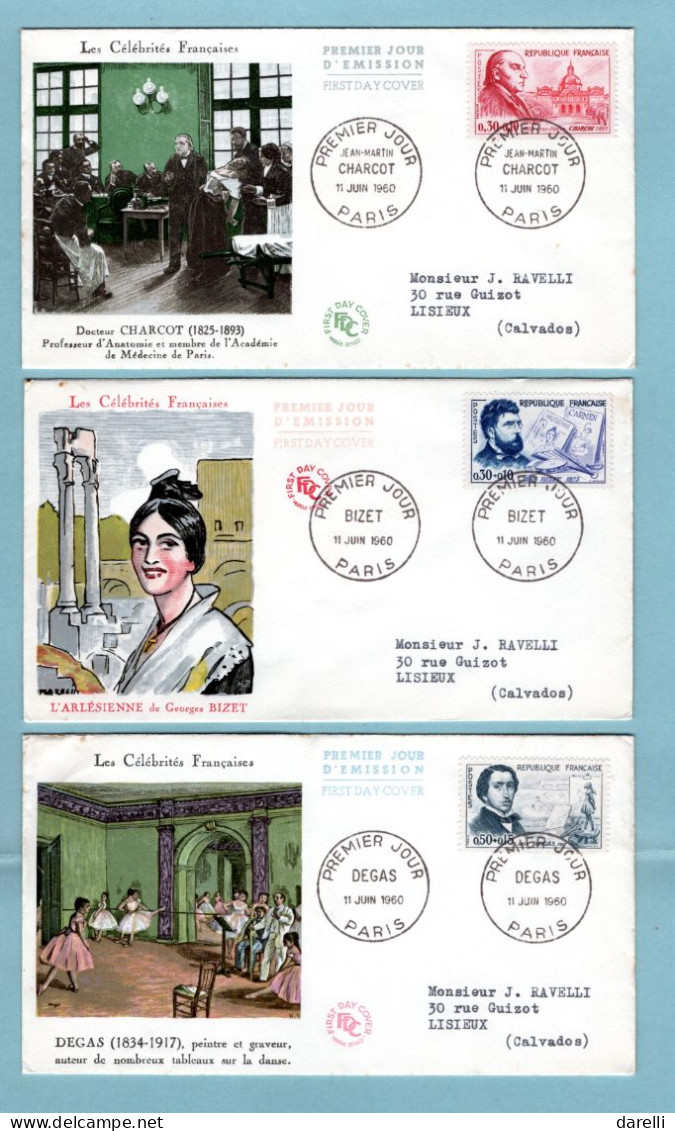 FDC France 1960 - Personnages Célèbres 1960 - De L'Hospital, Turenne, Boileau, Charcot, Bizet, Degas - YT 1257 à YT 1262 - 1960-1969