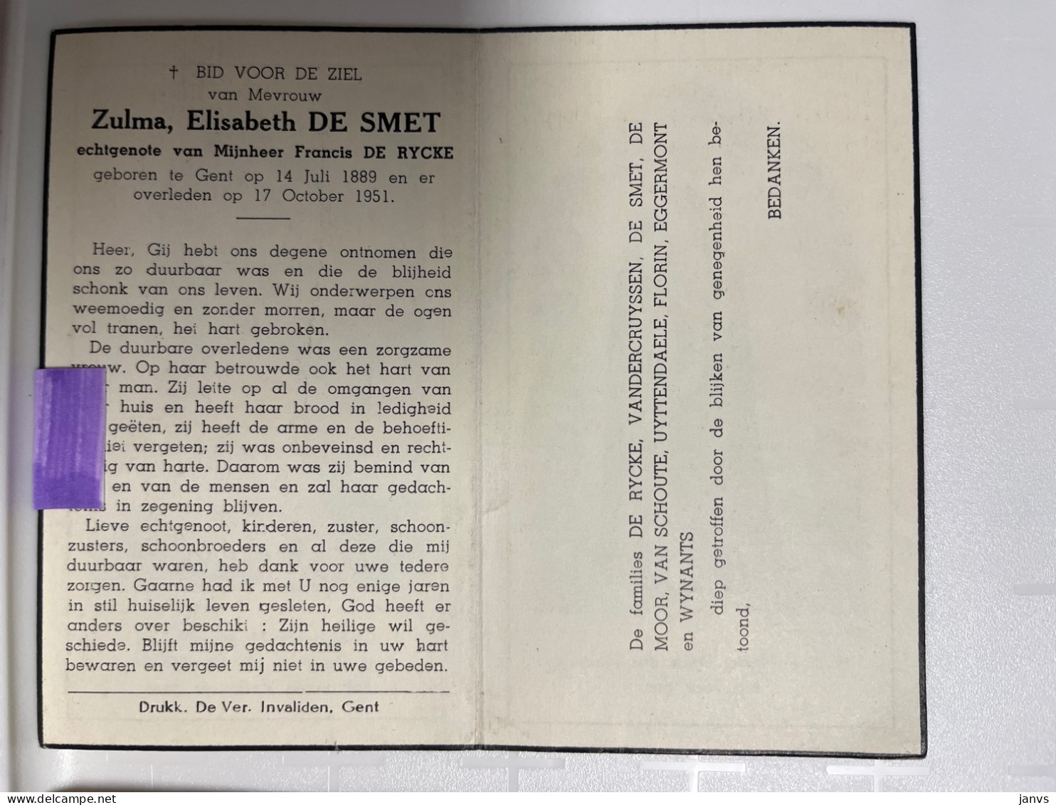 Devotie DP - Overlijden Zulma De Smet Echtg De Rycke - Gent 1889 - 1951 - Obituary Notices