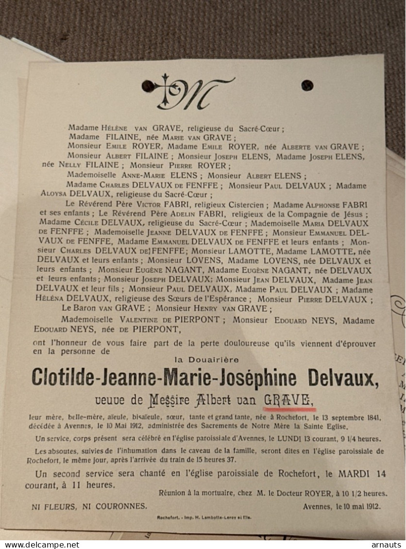 Douairiere Clotilde Delvaux Veuve Messire Van Grave *1841 Rochefort +1912 Avennes Filaine Royer Elens Fabri Lamotte - Todesanzeige