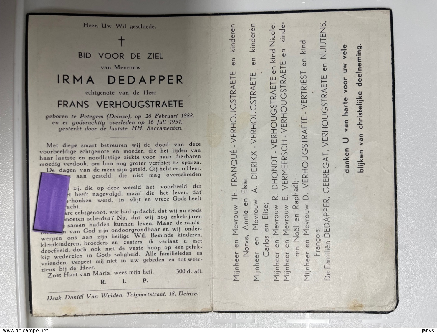 Devotie DP - Overlijden Irma Dedapper Echtg Verhougstraete - Petegem 1888 - 1951 - Todesanzeige