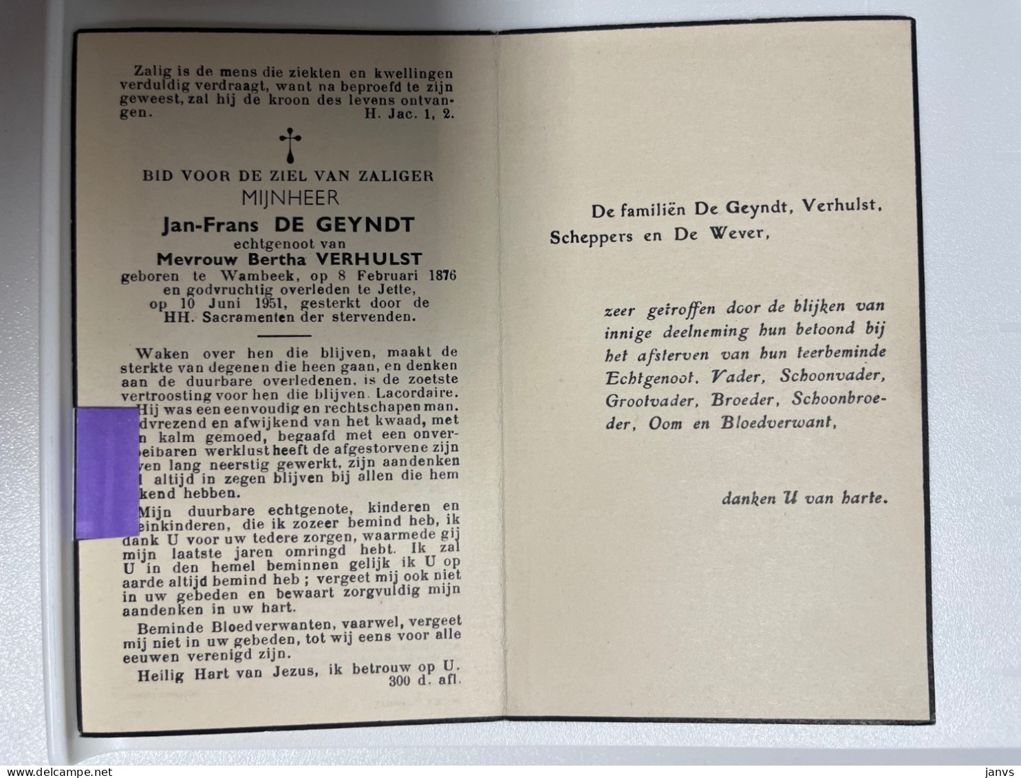 Devotie DP - Overlijden Jan De Geyndt Echtg Verhulst - Wambeek 1876 - Jette 1951 - Todesanzeige