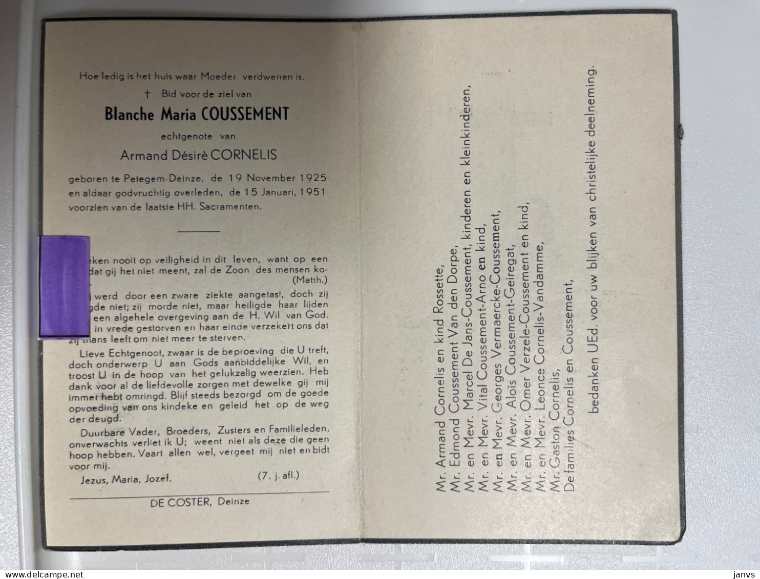 Devotie DP - Overlijden Blanche Coussement Echtg Cornelis - Petegem Deinze 1925 - 1951 - Obituary Notices