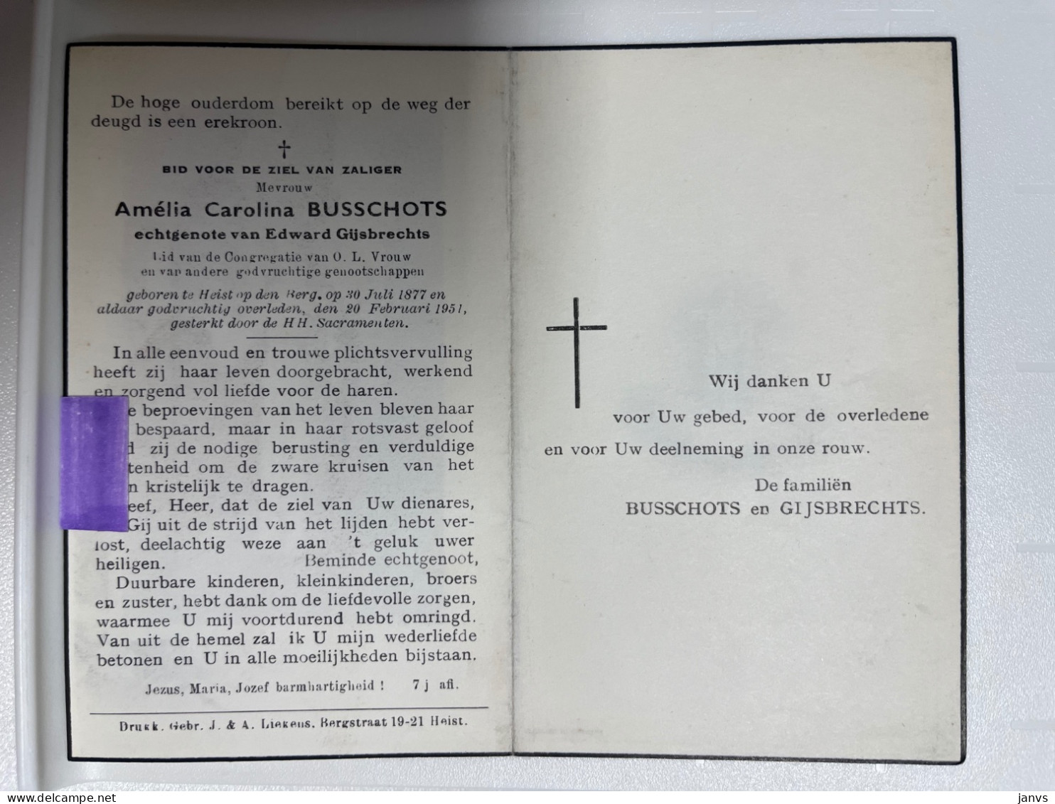 Devotie DP - Overlijden Amélia Busschots Echtg Gijsbrechts - Heist Op Den Berg 1877 - 1951 - Todesanzeige