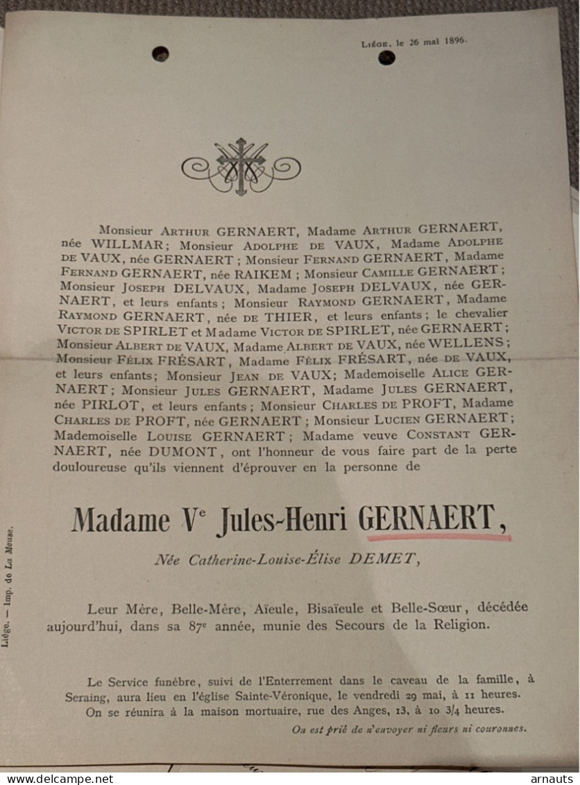 Madame Veuve Jules-Henri Gernaert Nee Demet Catherine *1809+1896 Liege Seraing Willmar Raikem De Spirlet De Proft Dumont - Todesanzeige