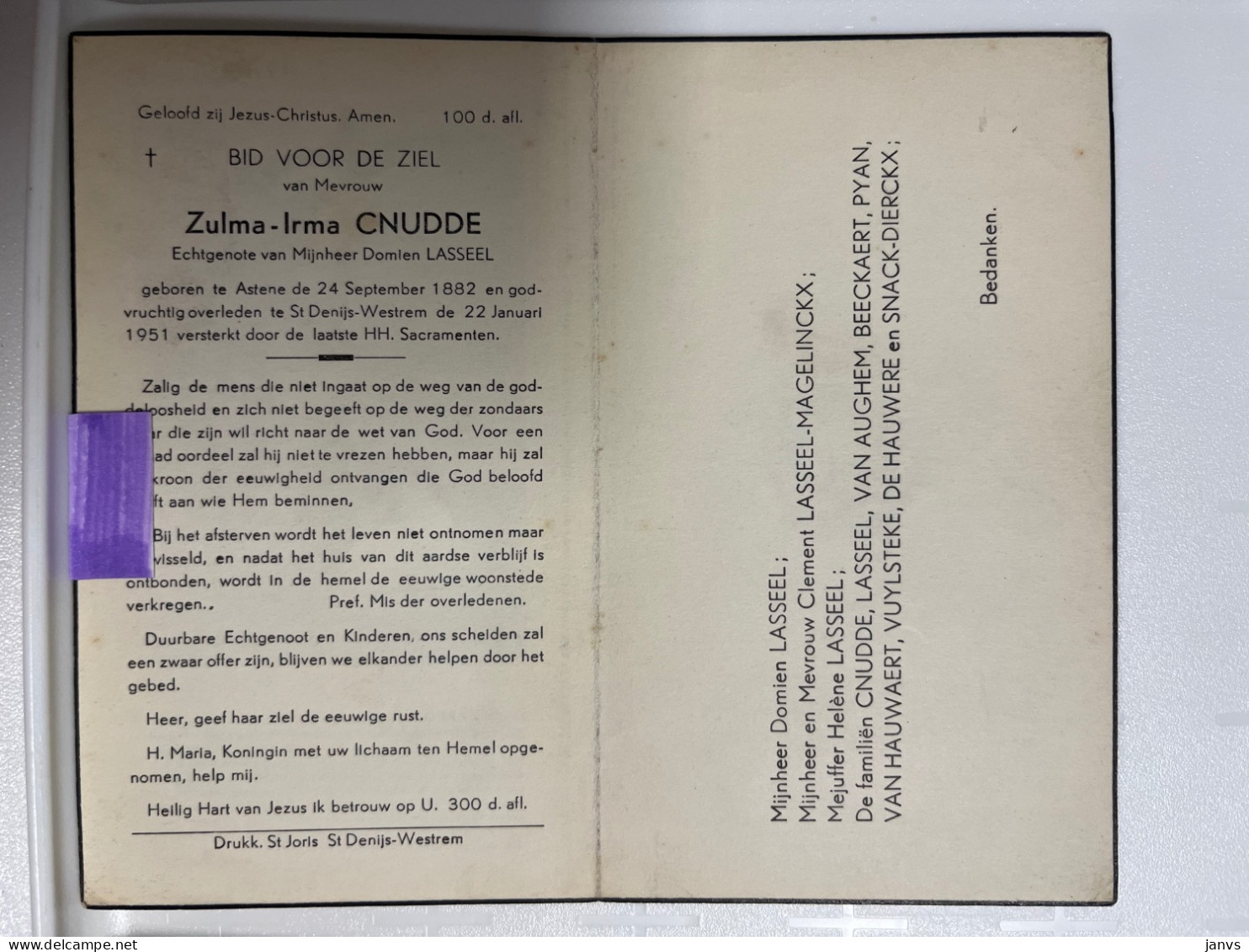 Devotie DP - Overlijden Zulma Cnudde Echtg Lasseel - Astene 1882 - St Denijs Westrem 1951 - Obituary Notices