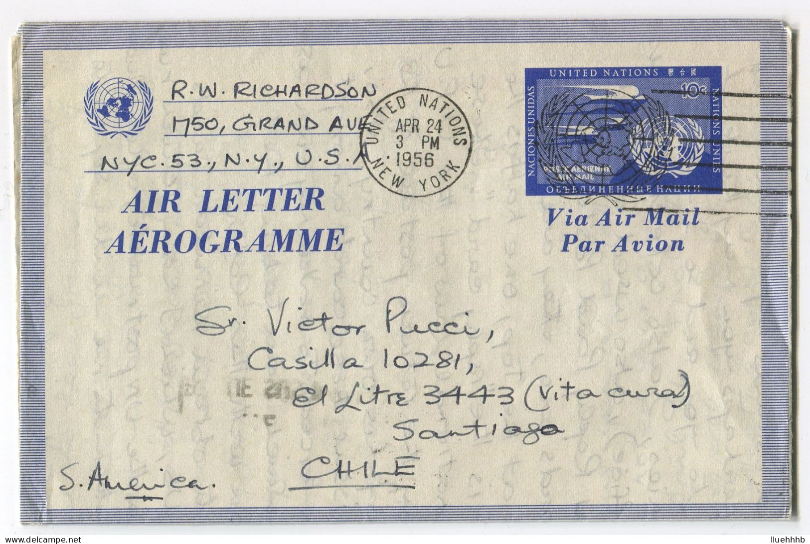 UNITED NATIONS: 1956 UC2 10c Aerogramme Sent To CHILE - Luchtpost