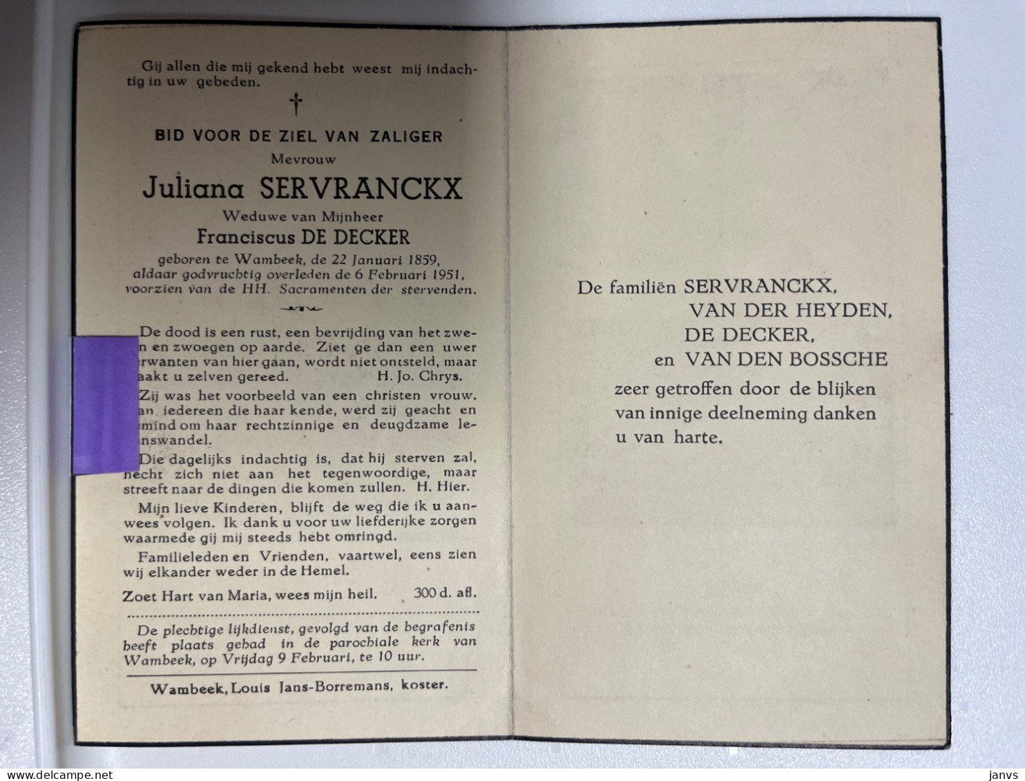 Devotie DP - Overlijden Juliana Servranckx Wwe De Decker - Wambeek 1859 - 1951 - Décès
