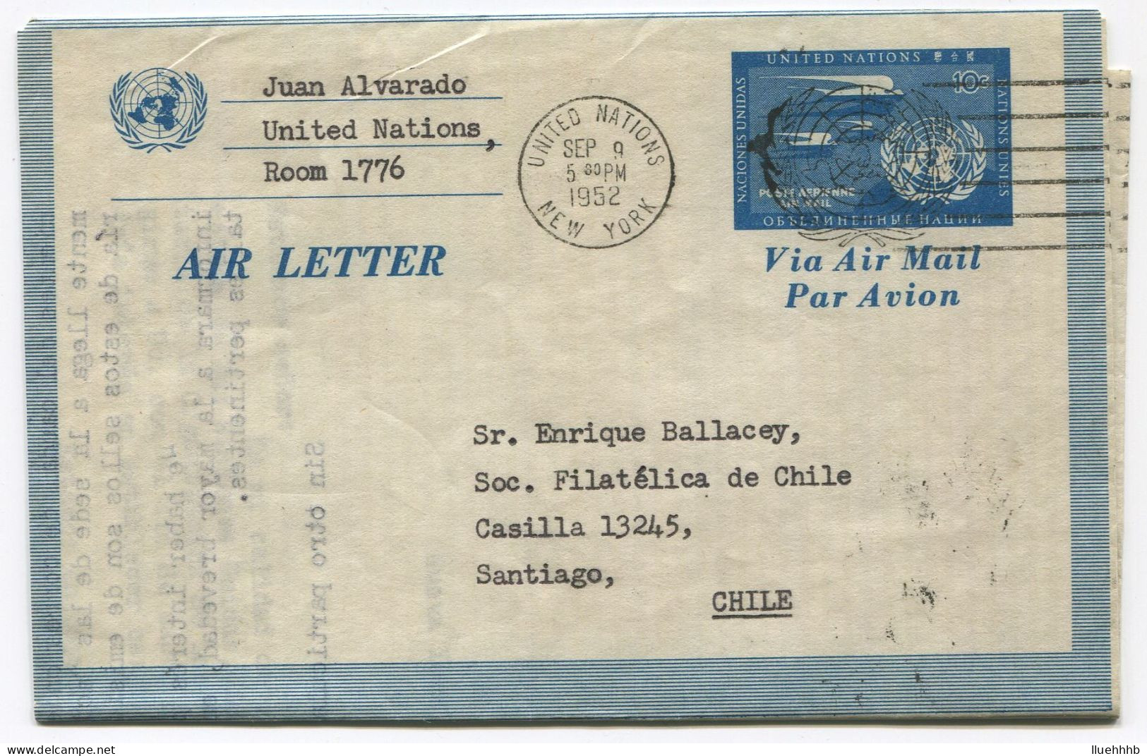 UNITED NATIONS: 1952 UC1 10c Aerogramme Sent To CHILE - Luchtpost