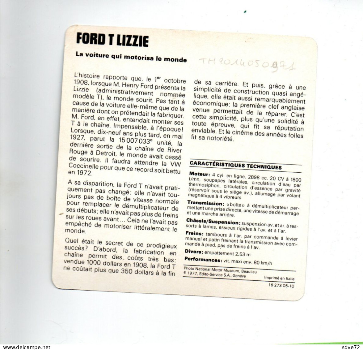 FICHE AUTOMOBILE - FORD T LIZZIE - Cars