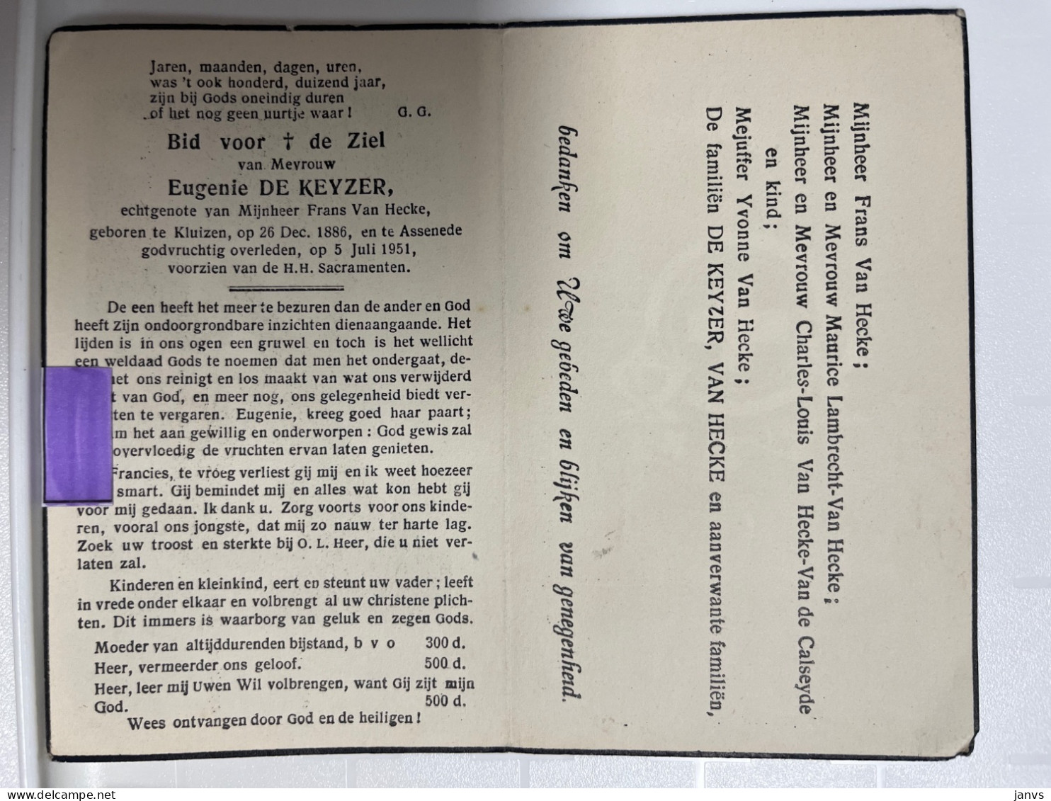 Devotie DP - Overlijden Eugenie De Keyzer Echtg Van Hecke - Kluizen 1886 - Assenede 1951 - Obituary Notices