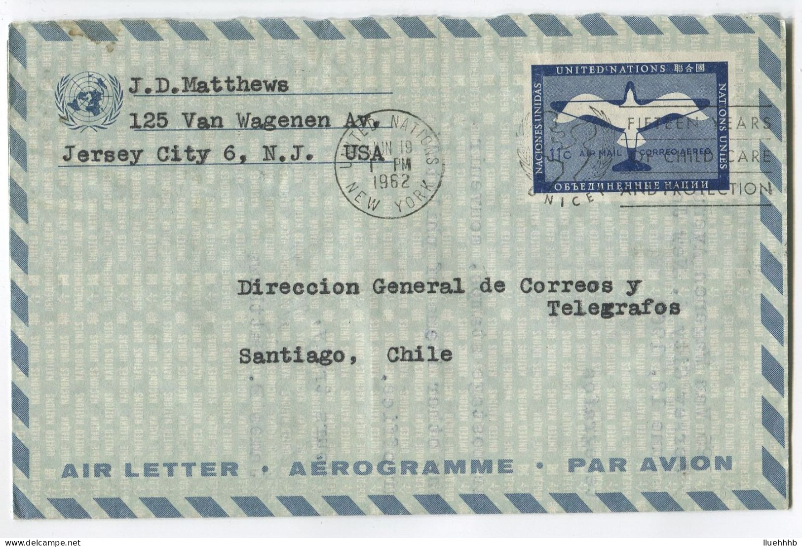 UNITED NATIONS: 1962 UC5 11c Aerogramme Sent To CHILE - Airmail