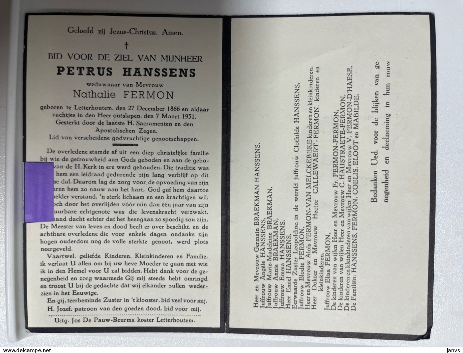 Devotie DP - Overlijden Petrus Hanssens Wwe Fermon - Letterhoutem 1866 - 1951 - Todesanzeige