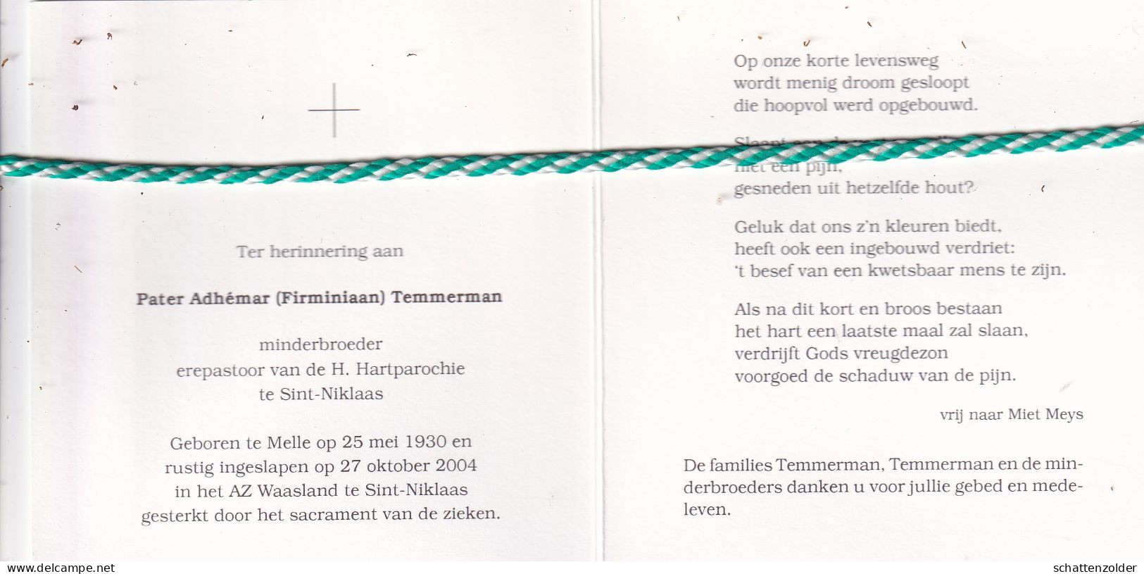 Pater Firminiaan (Adhémar Temmerman), Melle 1930, Sint-Niklaas 2004. Minderbroeder, Ere Pastoor Sint-Niklaas; Foto - Obituary Notices