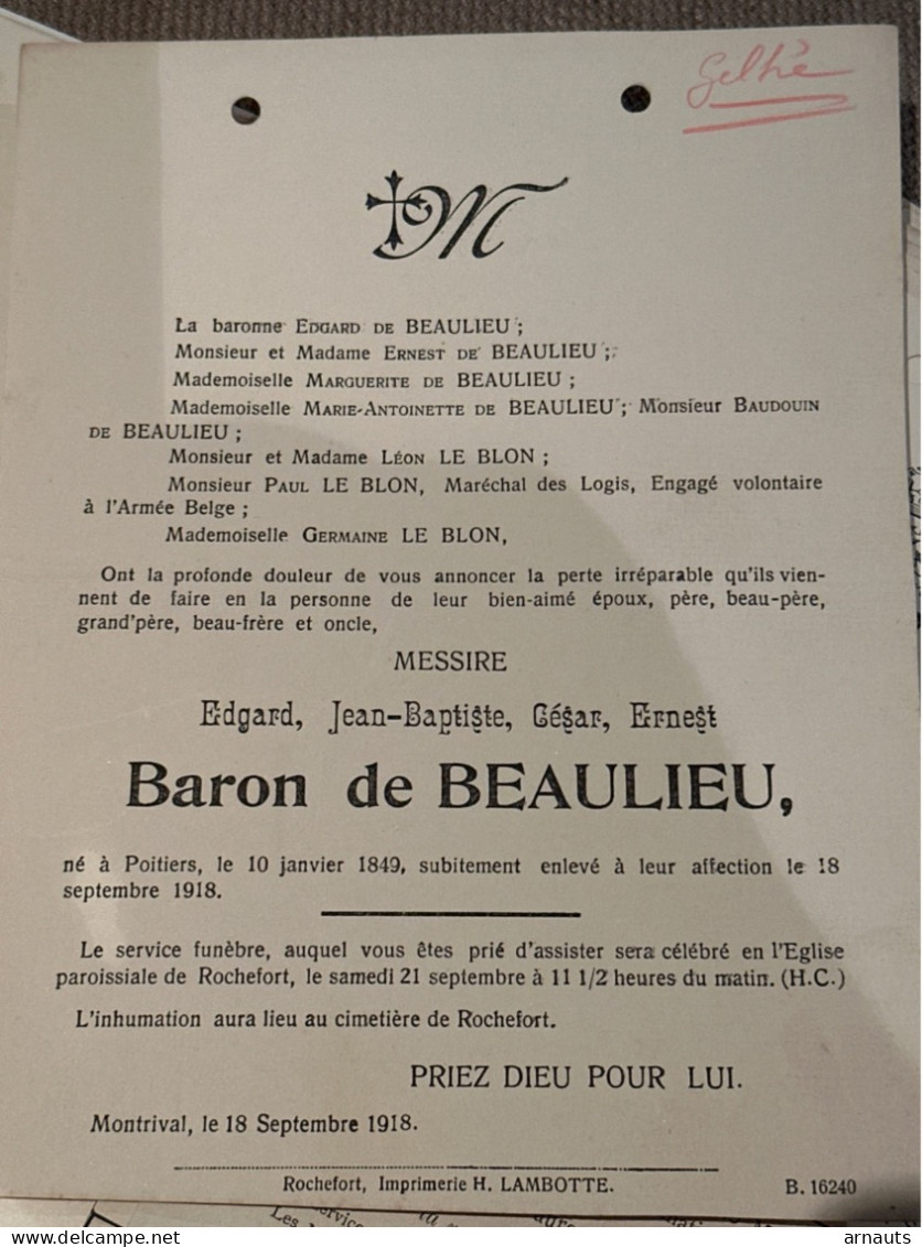 Messire Edgard Baron De Beaulieu *1849 Poitiers +1918 Montrival Rochefort Le Blon - Obituary Notices
