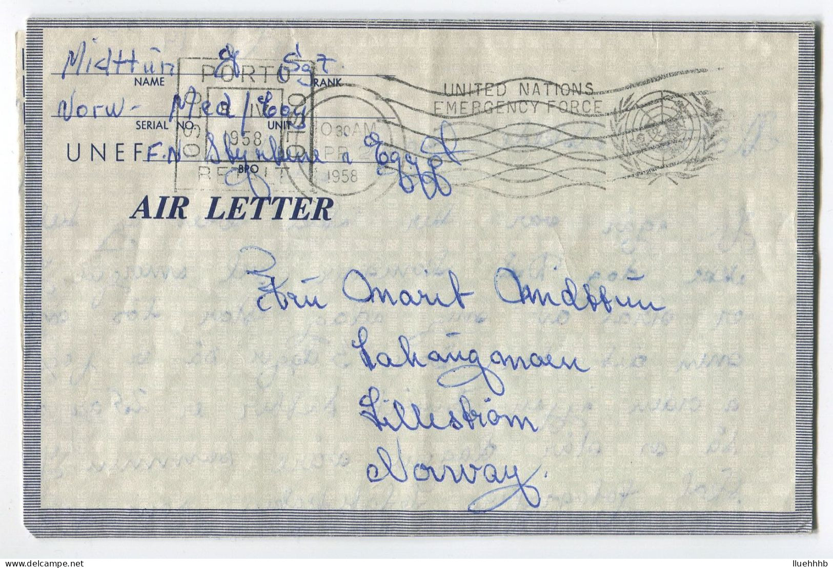 UNITED NATIONS: 1958 Free Aerogramme From Norway Emergency Forces In Suez - Airmail