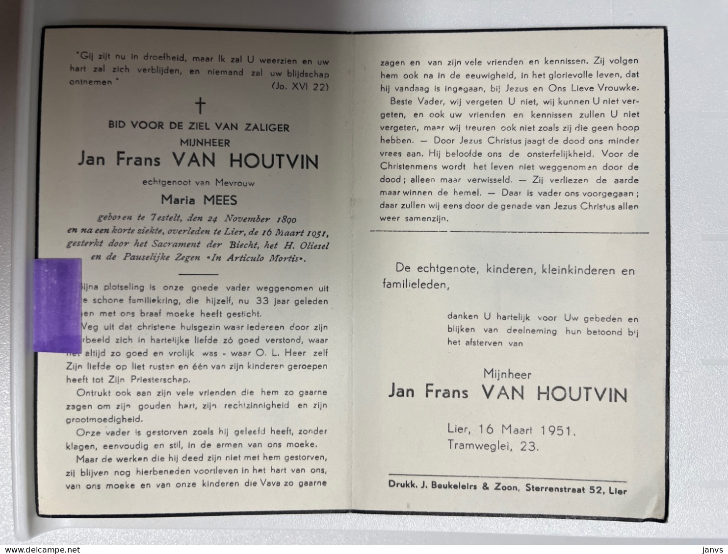 Devotie DP - Overlijden Jan Van Houtvin Echtg Mees - Testelt 1890 - Lier 1951 - Obituary Notices