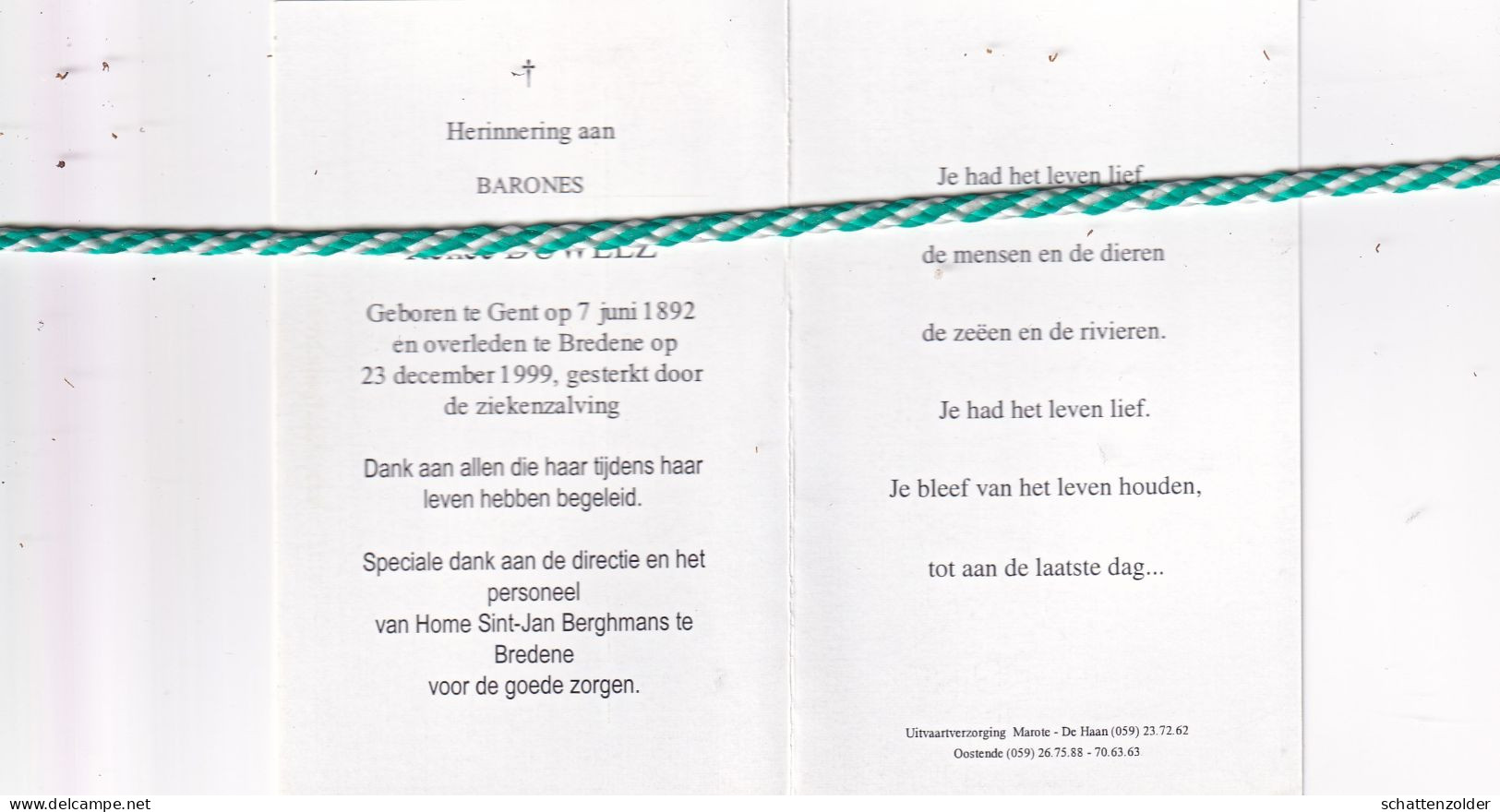 Barones Renée Duwelz, Gent 1892, Bredene 1999. Honderdjarige - Todesanzeige