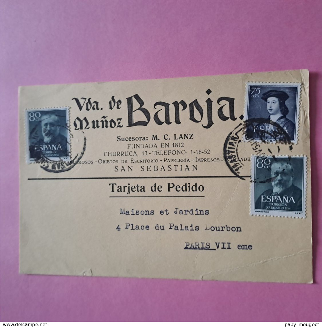 Carte Postale Vda De Munoz Baroja De San Sebastian Pour Paris - Novembre 1954 - Lettres & Documents