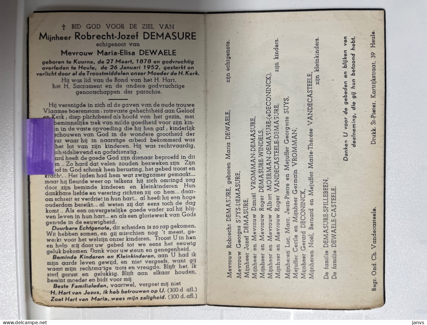 Devotie DP - Overlijden Robrecht Demasure Echtg Dewaele - Kuurne 1878 - Heule 1952 - Obituary Notices