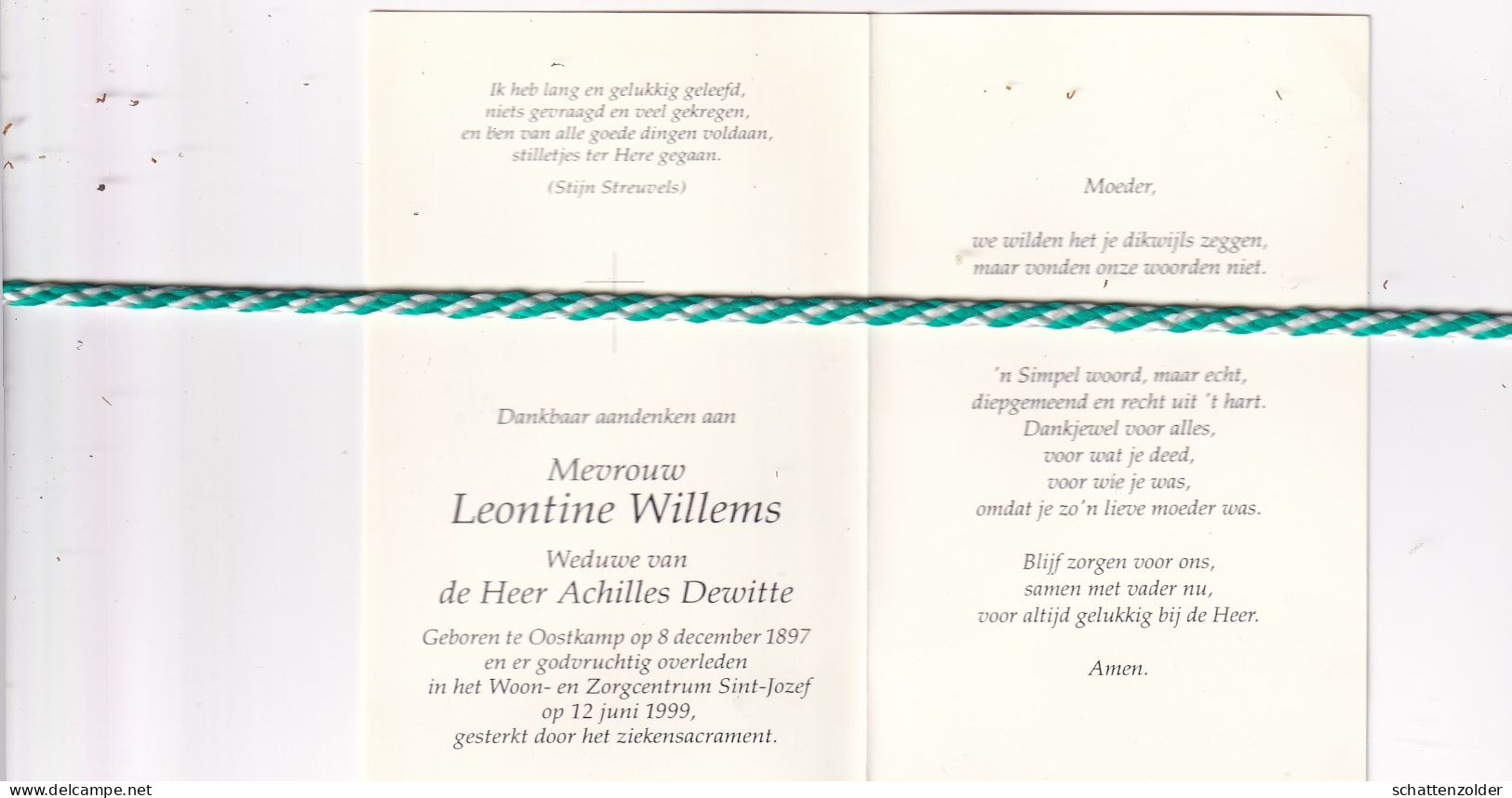 Leontine Willems-Dewitte, Oostkamp 1897, 1999. Honderdjarige. Foto - Todesanzeige
