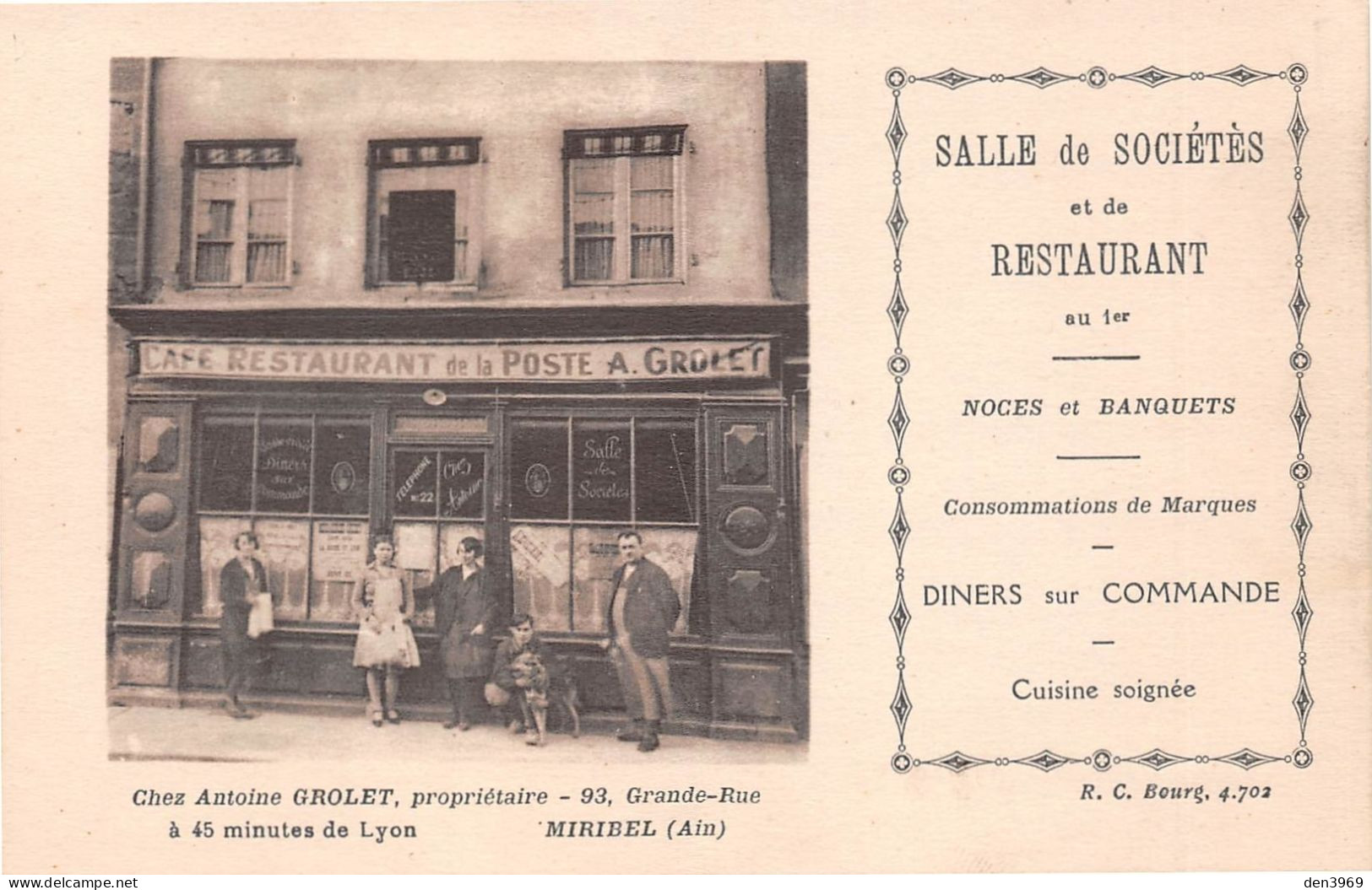 MIRIBEL (Ain) - Café-Restaurant De La Poste, Antoine Grolet, 93 Grande Rue - Ecrit, Note Au Verso (2 Scans) - Ohne Zuordnung