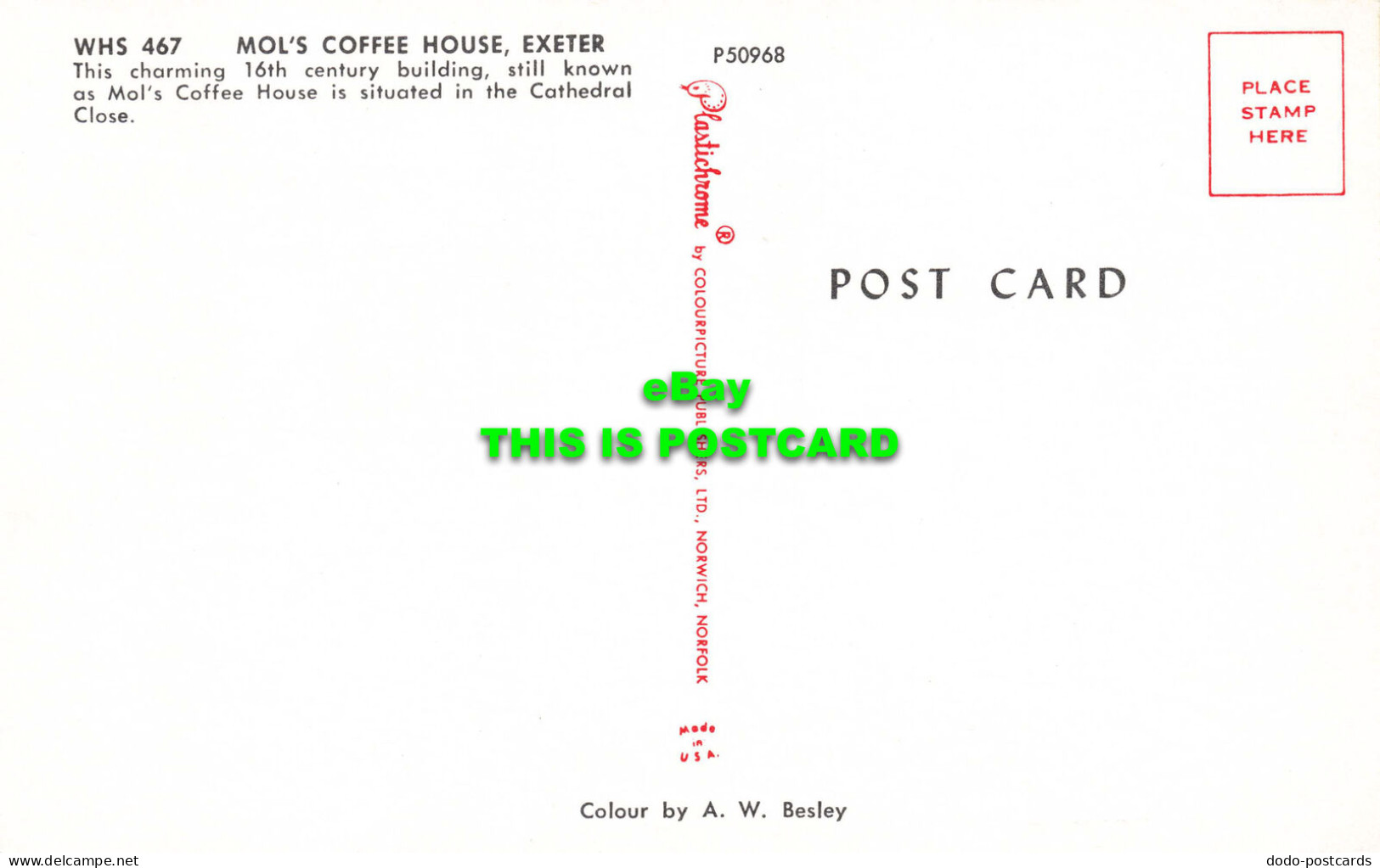 R565132 WHS 467. Mols Coffee House. Exeter. A. W. Besley. Plastichrome. Colourpi - World