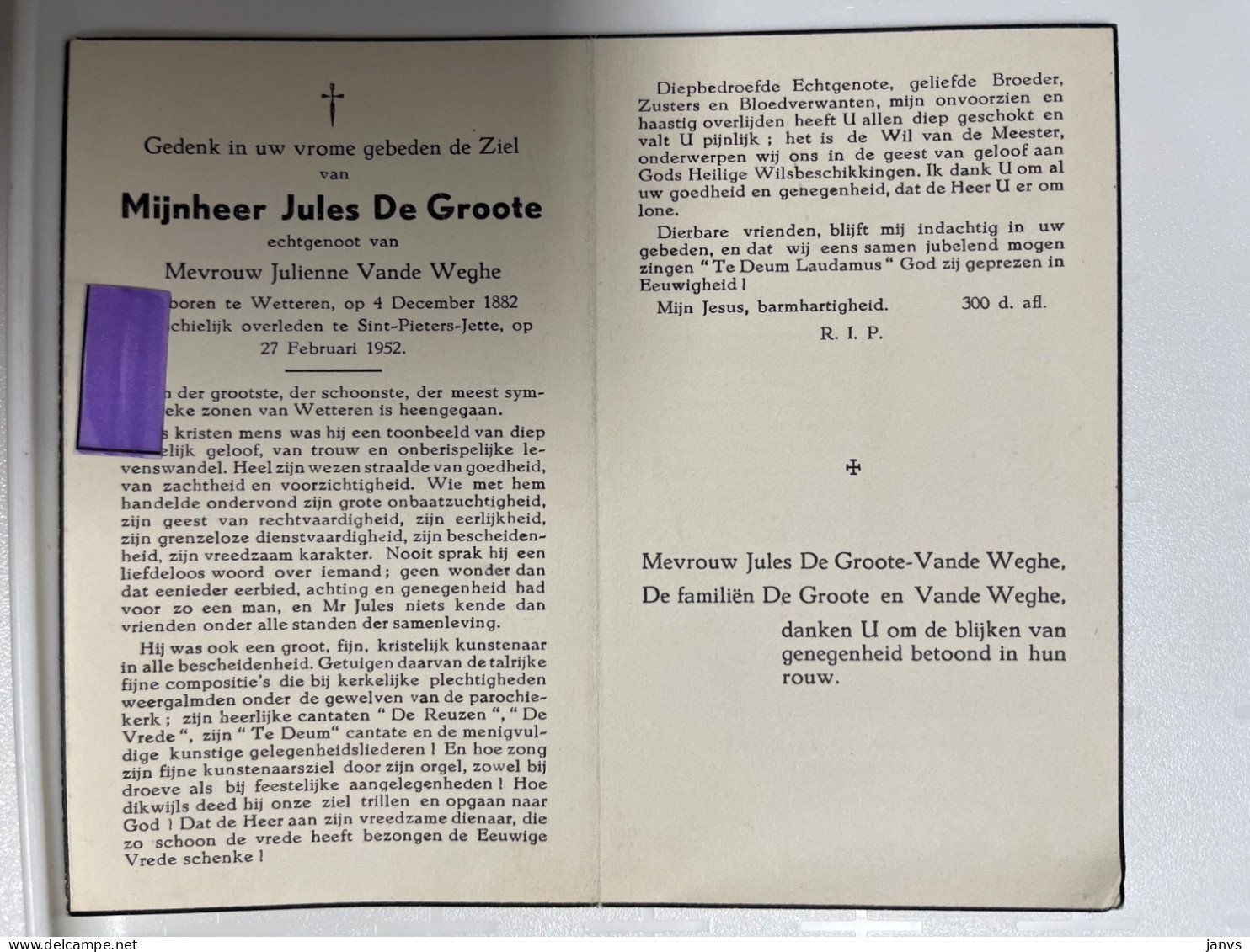 Devotie DP - Overlijden Jules De Groote Echtg Vande Weghe - Wetteren 1882 - Sint-Pieters-Jette 1952 - Décès