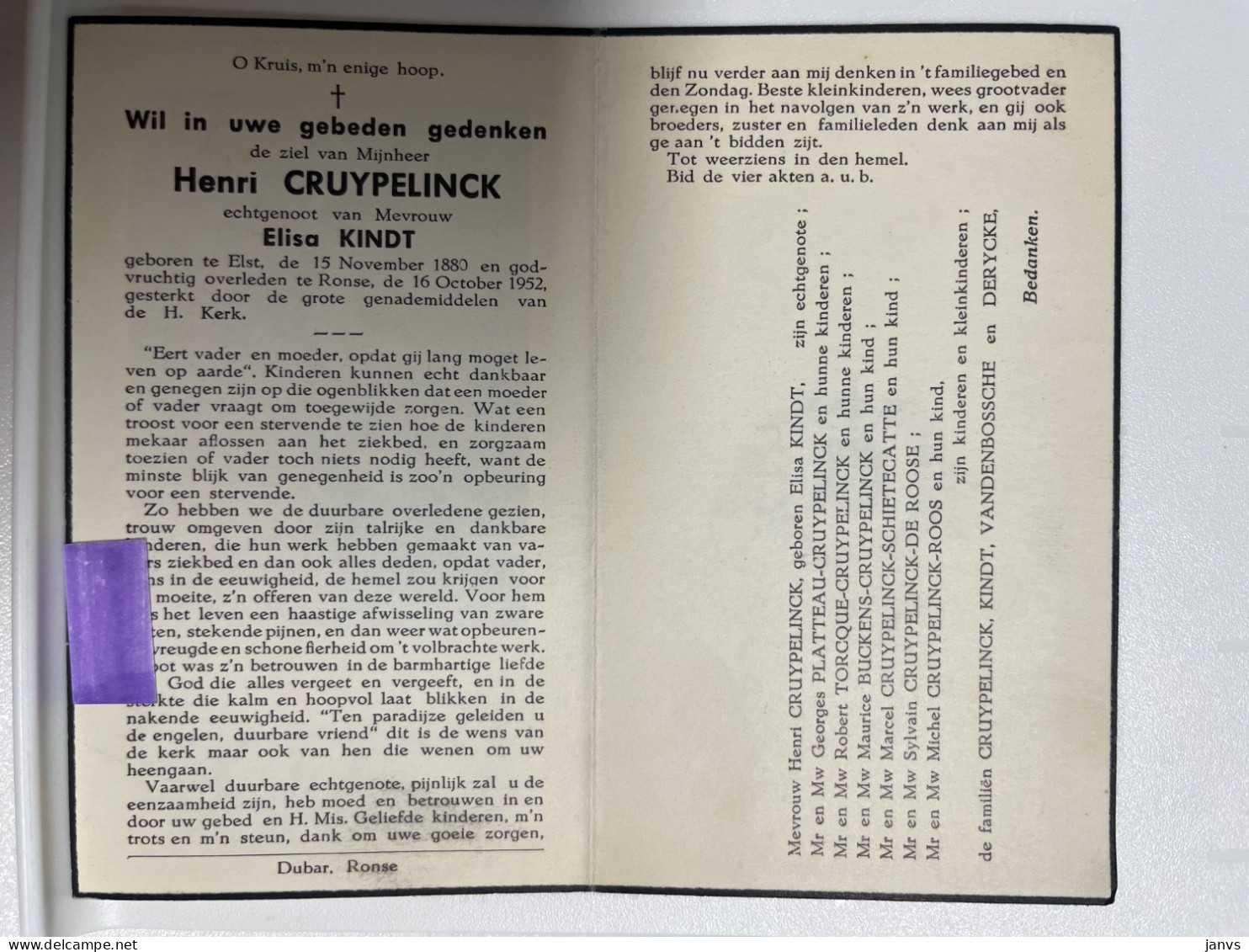 Devotie DP - Overlijden Henri Cruypelinck Echtg Kindt - Elst 1880 - Ronse 1952 - Obituary Notices
