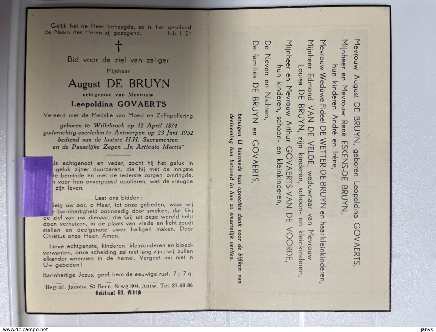 Devotie DP - Overlijden August De Bruyn Echtg Govaerts - Willebroek 1874 - Antwerpen 1952 - Esquela